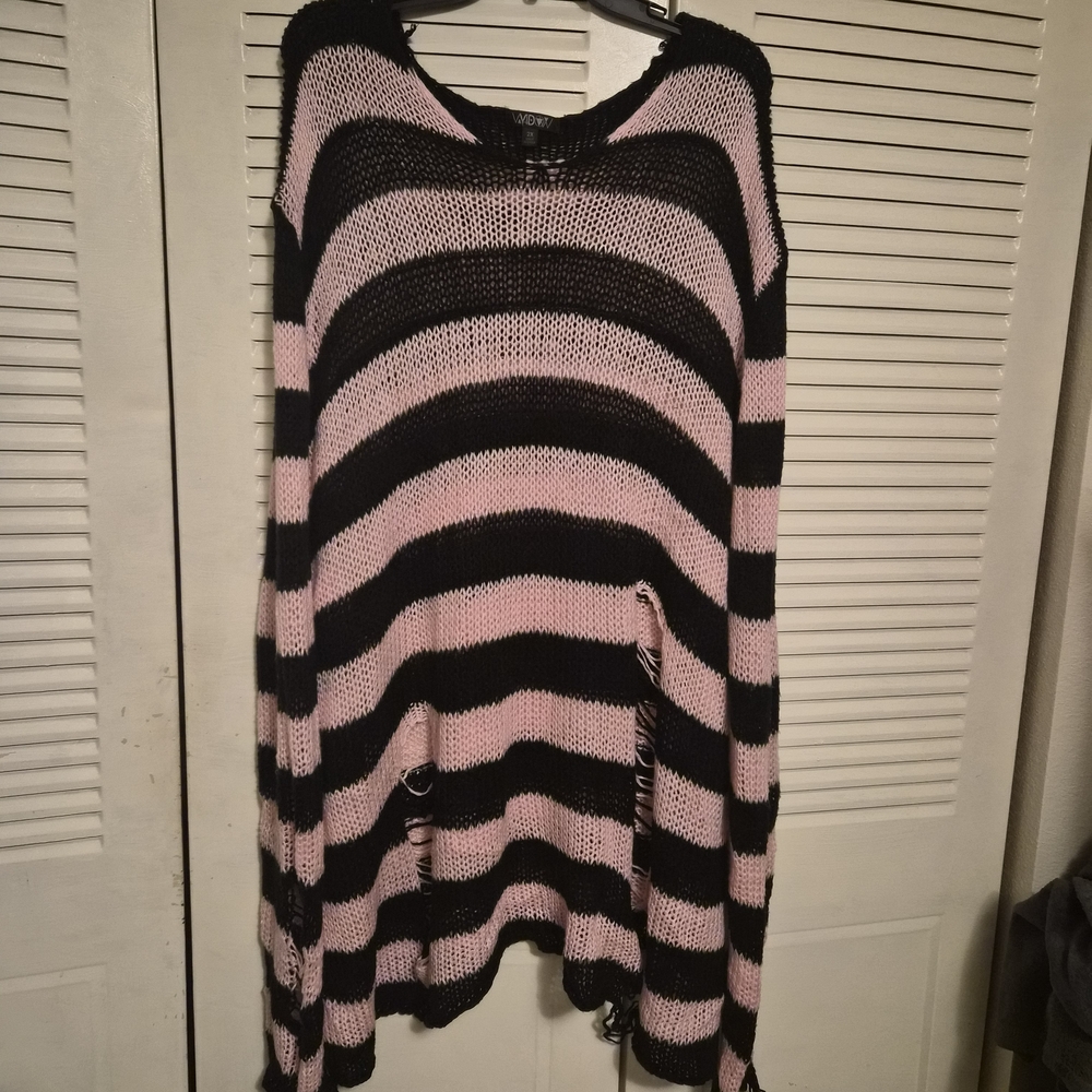 (SOLD) Dollskill Distressed Black and Pink Knit Sweater